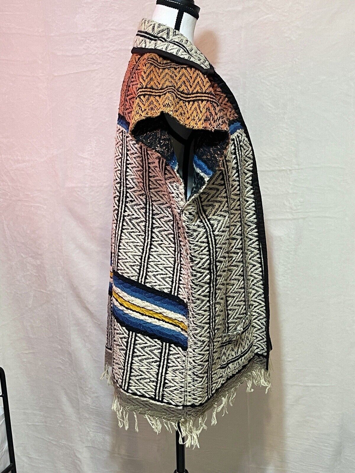 Vintage 60s Mexican Blanket Vest XL Serape Ruana Retro Poncho Fringe Pockets