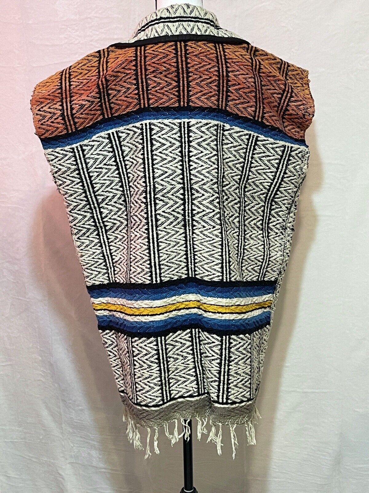 Vintage 60s Mexican Blanket Vest XL Serape Ruana Retro Poncho Fringe Pockets