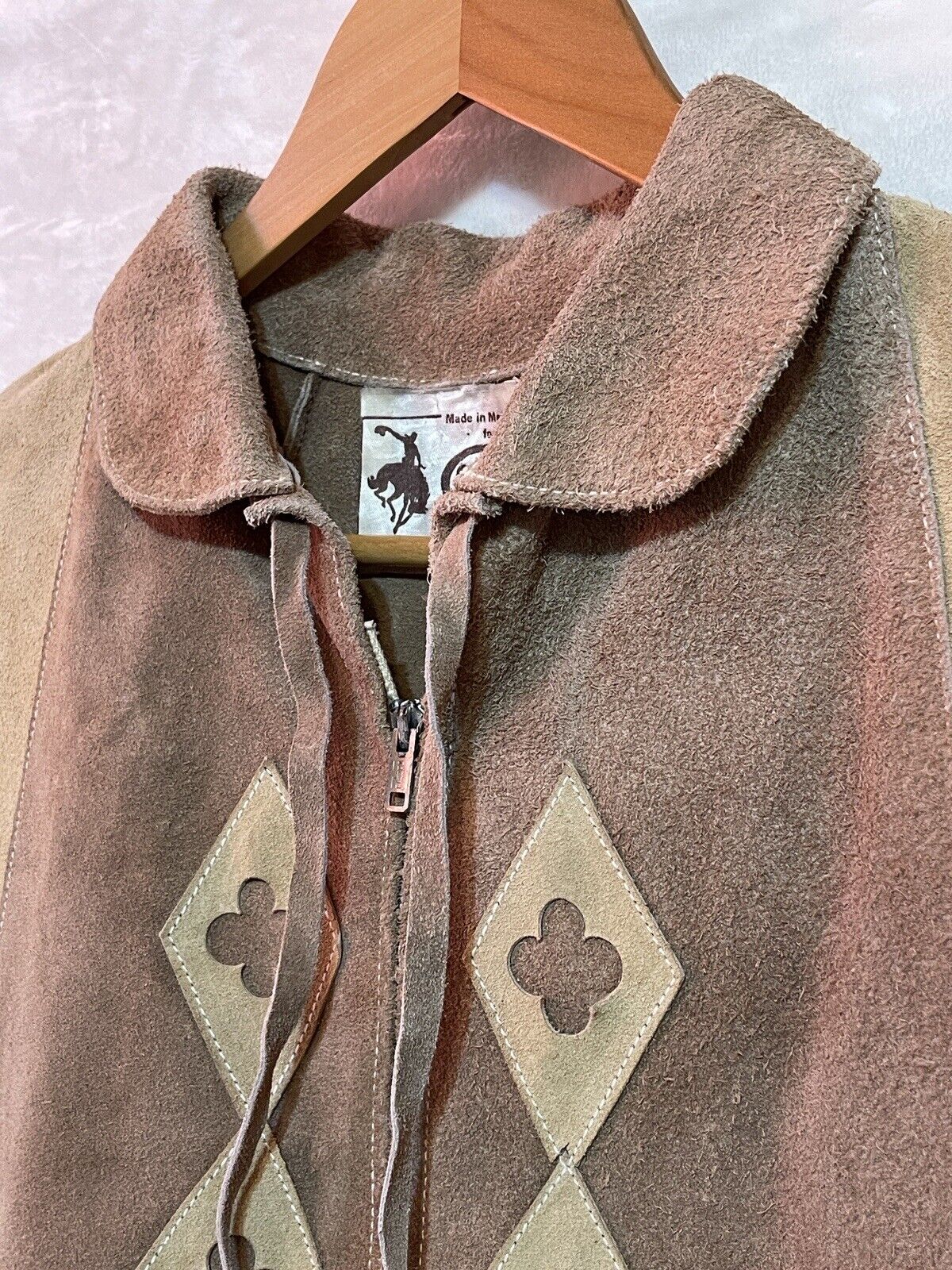 Vintage 60s Mexican Suede Leather Poncho Sz L Cape Boho Western Hippie Jacket