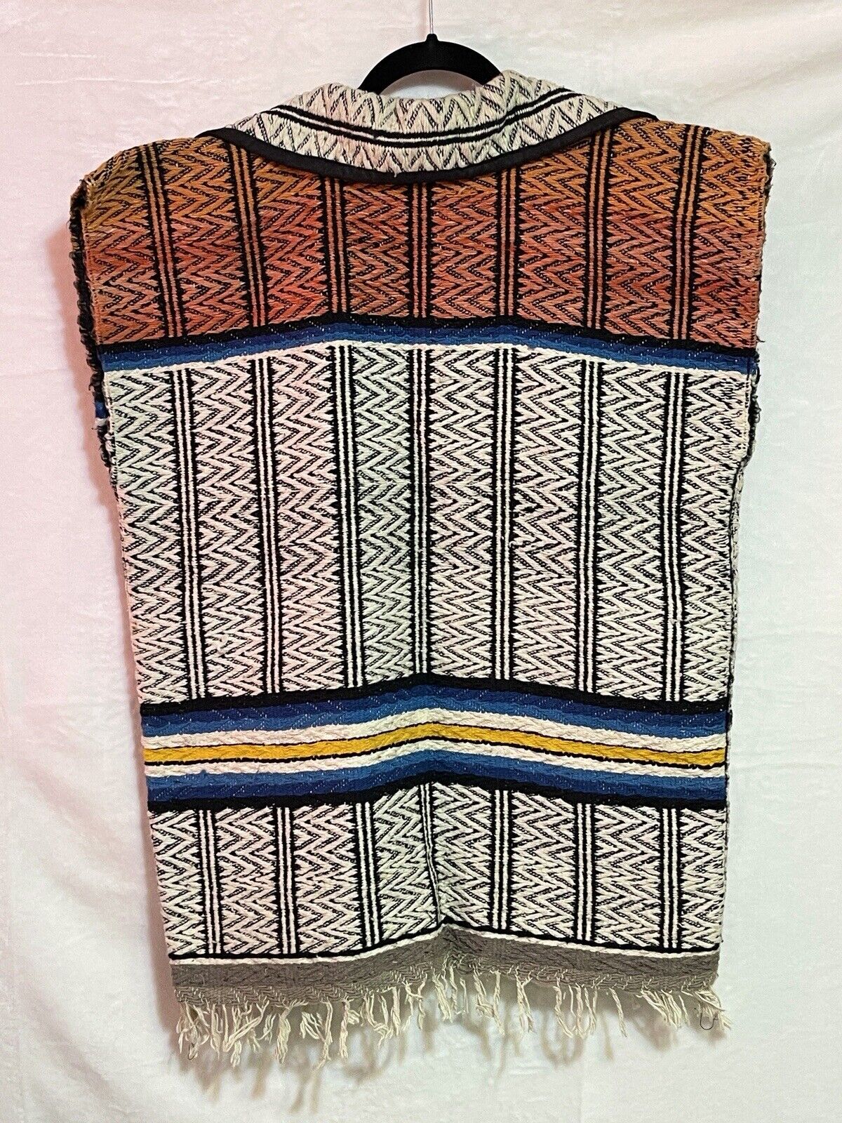 Vintage 60s Mexican Blanket Vest XL Serape Ruana Retro Poncho Fringe Pockets