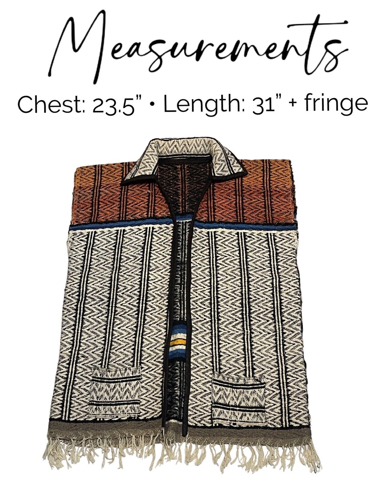 Vintage 60s Mexican Blanket Vest XL Serape Ruana Retro Poncho Fringe Pockets