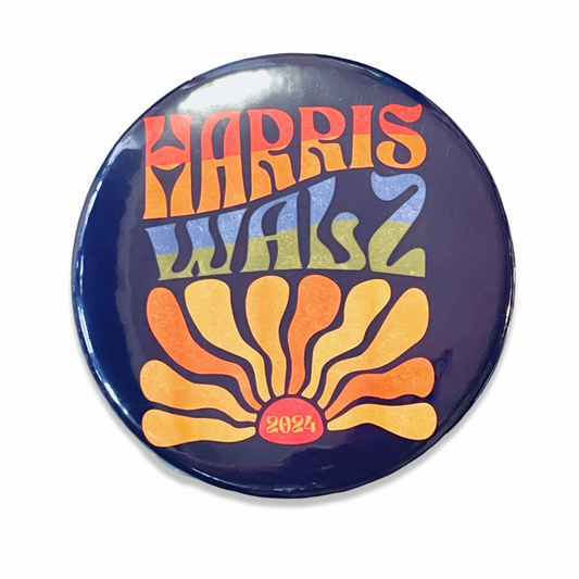 2.25” Harris Walz 2024 Button Pinback Retro Sun Campaign Election USA Vote Kamala Hippie Joy