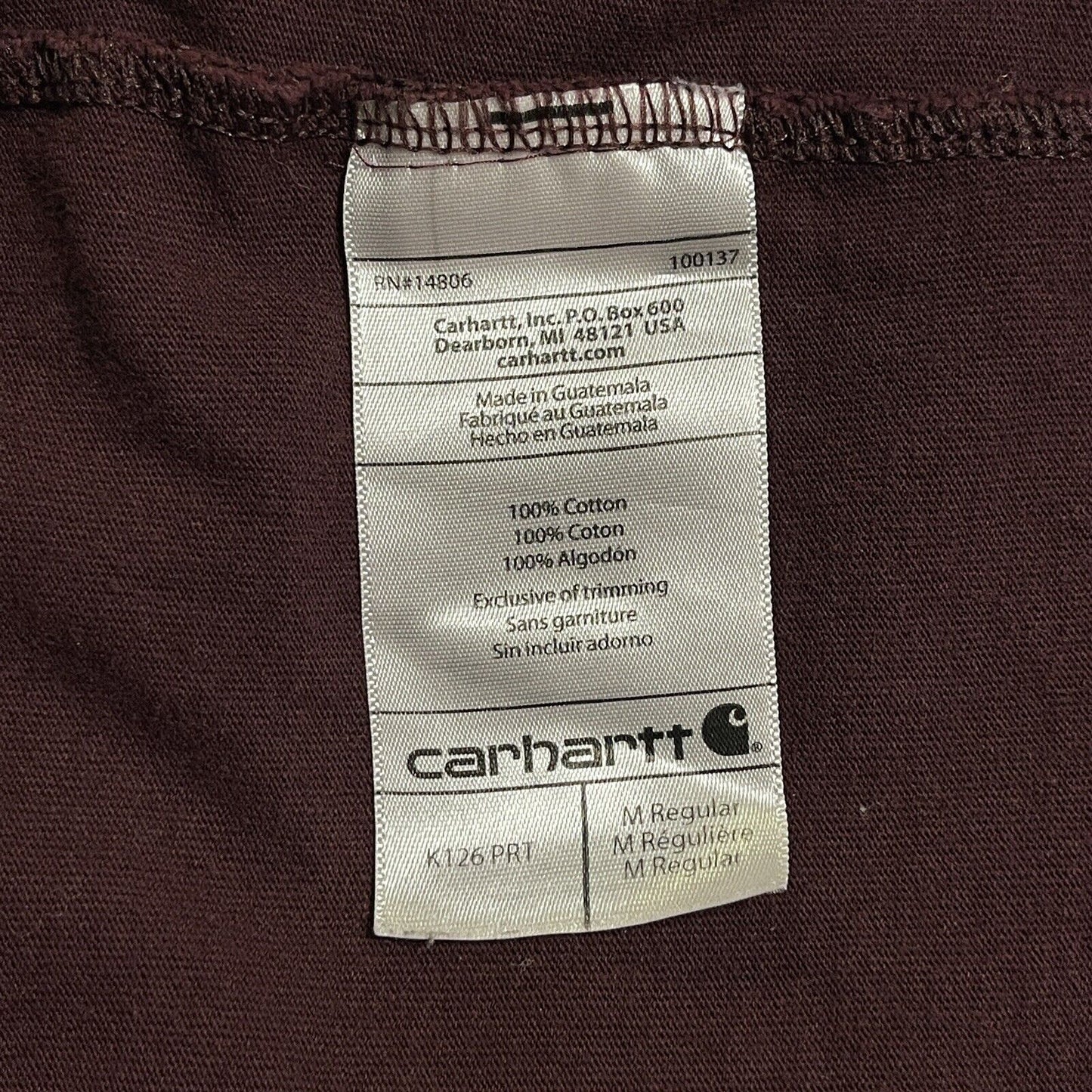 Carhartt K126 Mens Size M Long Sleeve Pocket Tshirt Original Fit Port Maroon