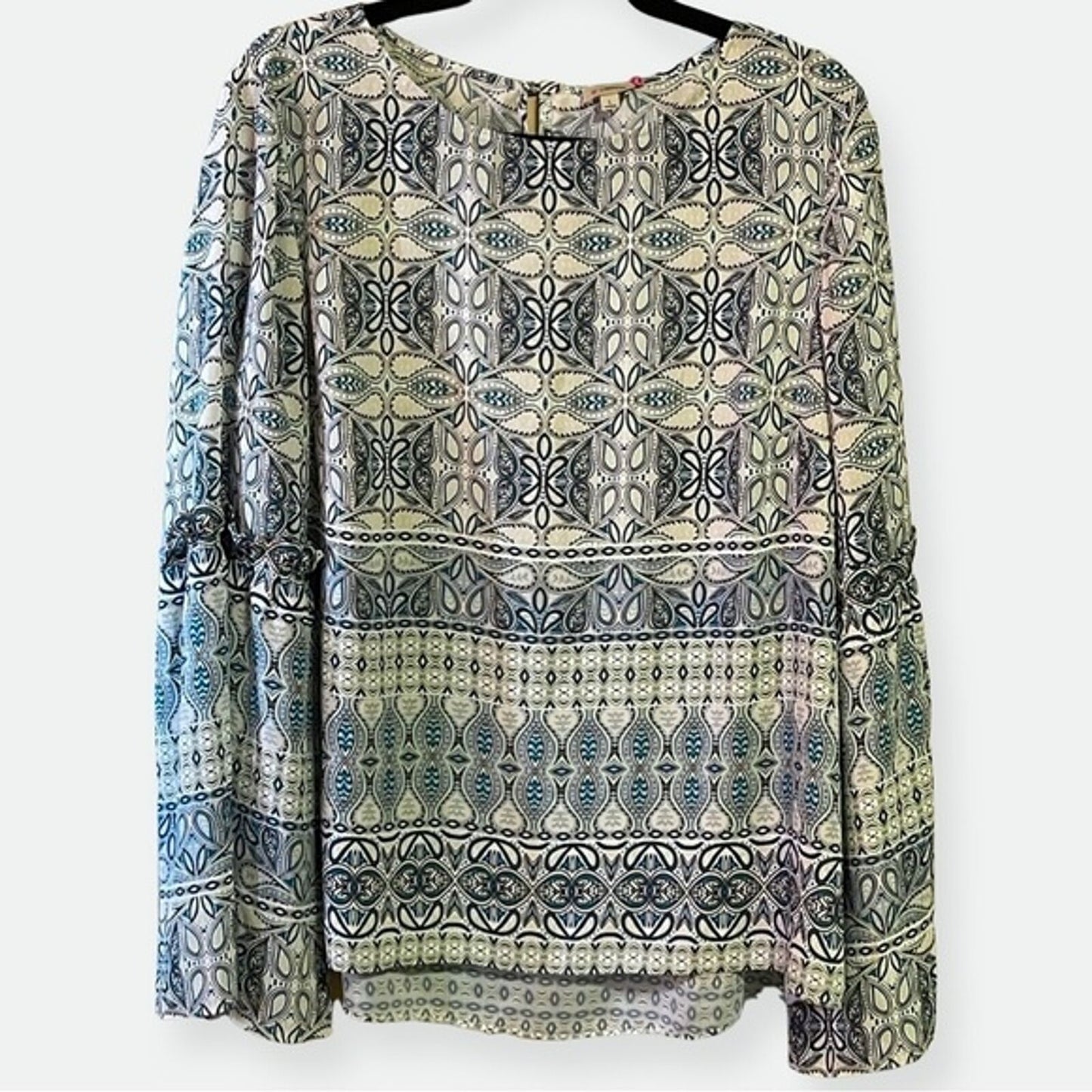 Cremieux NEW Boho Sheer Geometric Paisley Bell Sleeve Top Tunic Blouse Size L