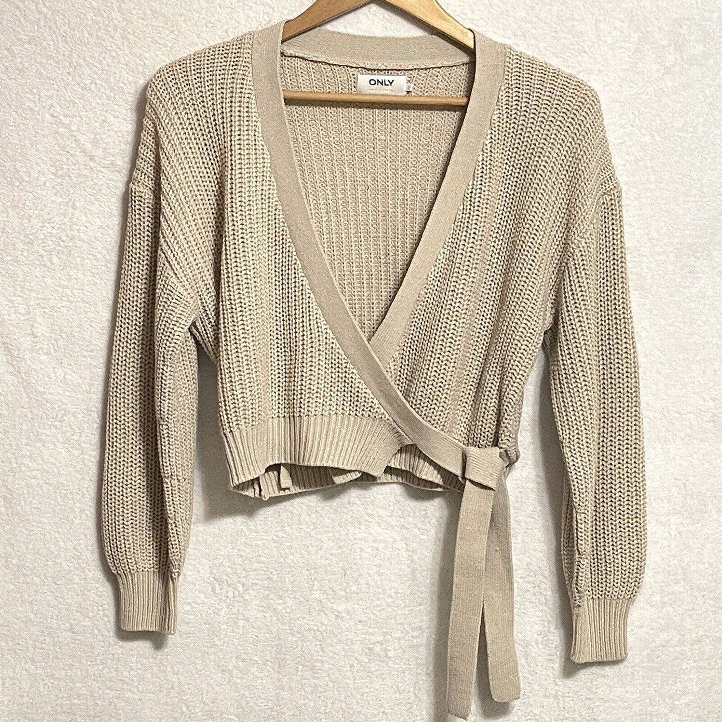 ONLY Long Sleeve Wrap Cardigan Womens Sz M Crop Top Sweater Waist Tie Boho