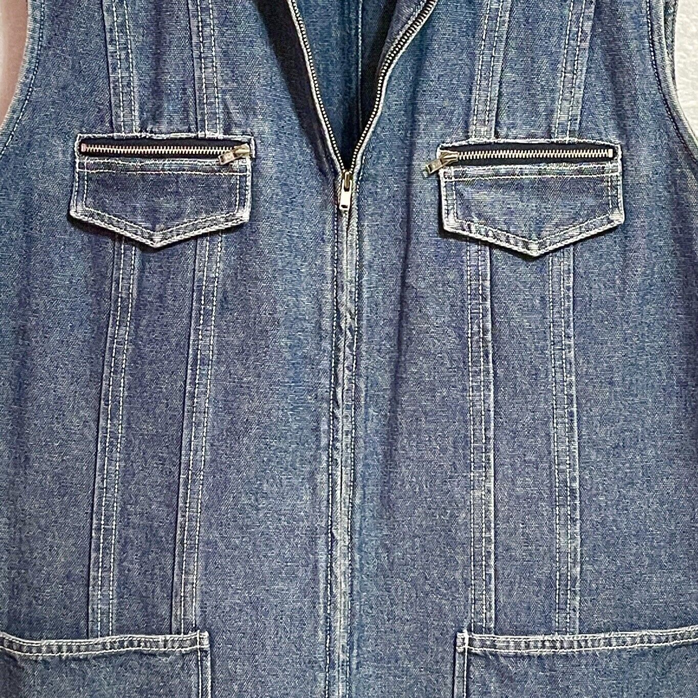 Ellen Tracy Womens Sz 16 Denim Zip Field Vest Jean Jacket Pockets Vintage