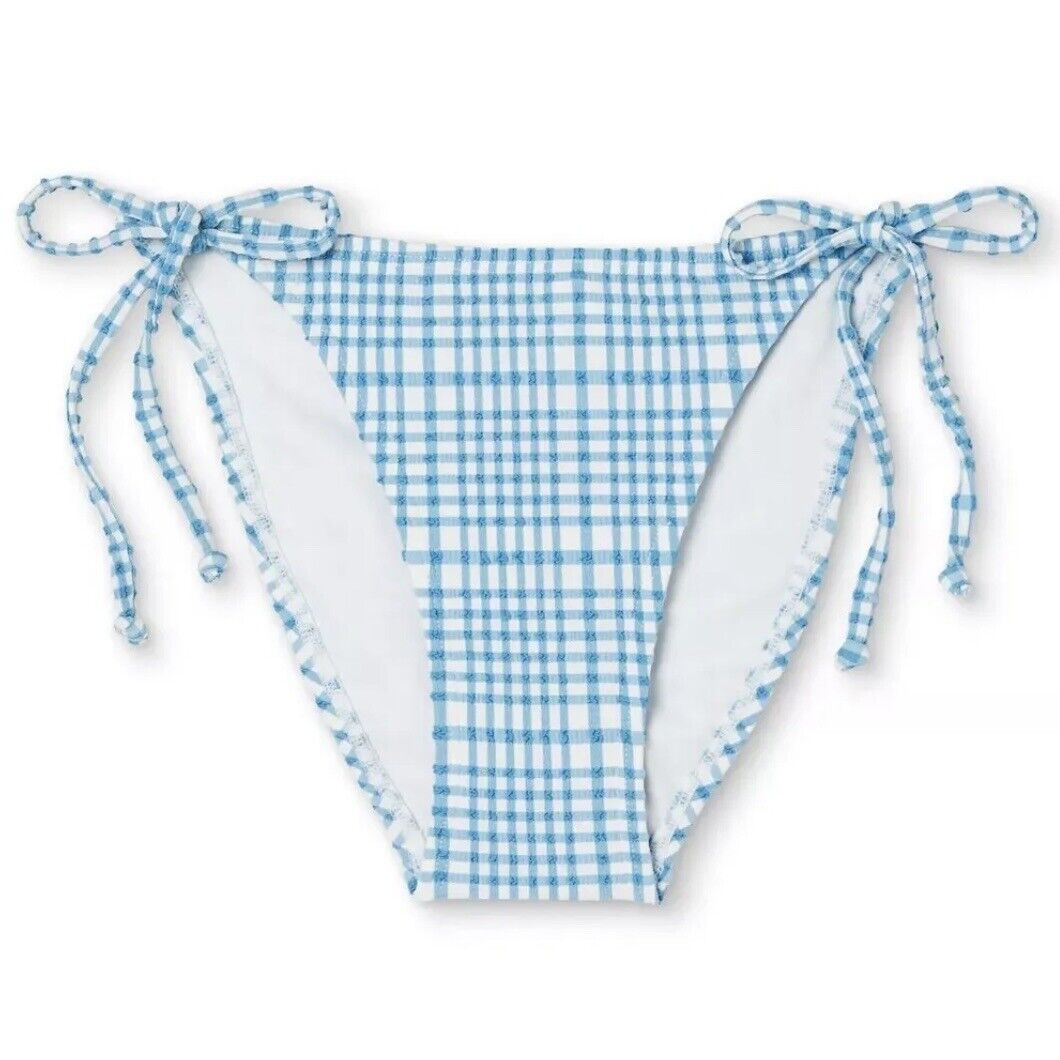 Juniors Cheeky Size Medium Tie Bikini Bottom Textured Plaid Blue Xhilaration