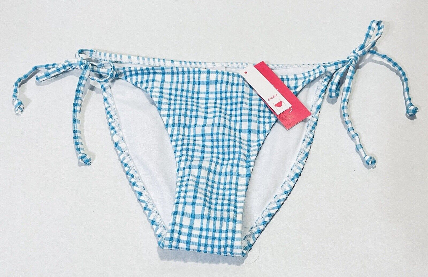 Juniors Cheeky Size Medium Tie Bikini Bottom Textured Plaid Blue Xhilaration