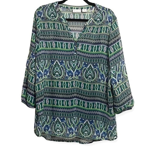 Liz Claiborne Blue Green Abstract Paisley Boho Tunic Blouse 3/4 Sleeves Large