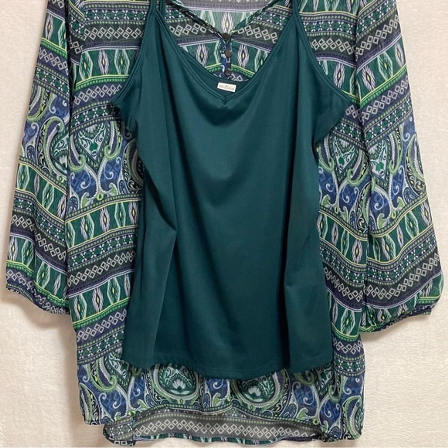 Liz Claiborne Blue Green Abstract Paisley Boho Tunic Blouse 3/4 Sleeves Large