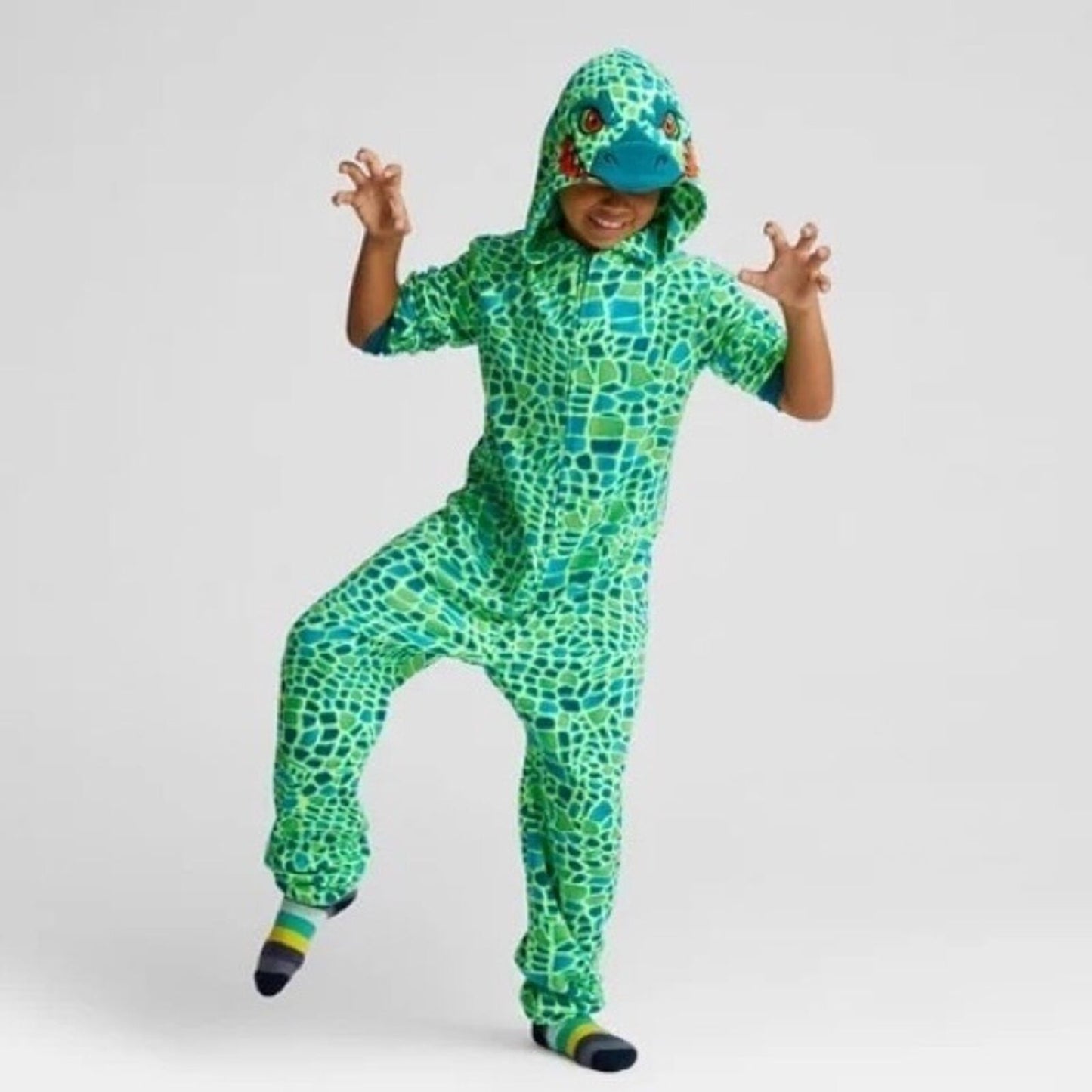 Cat & Jack Lizard Gator Fleece Zip Up One Piece Pajamas Size Small