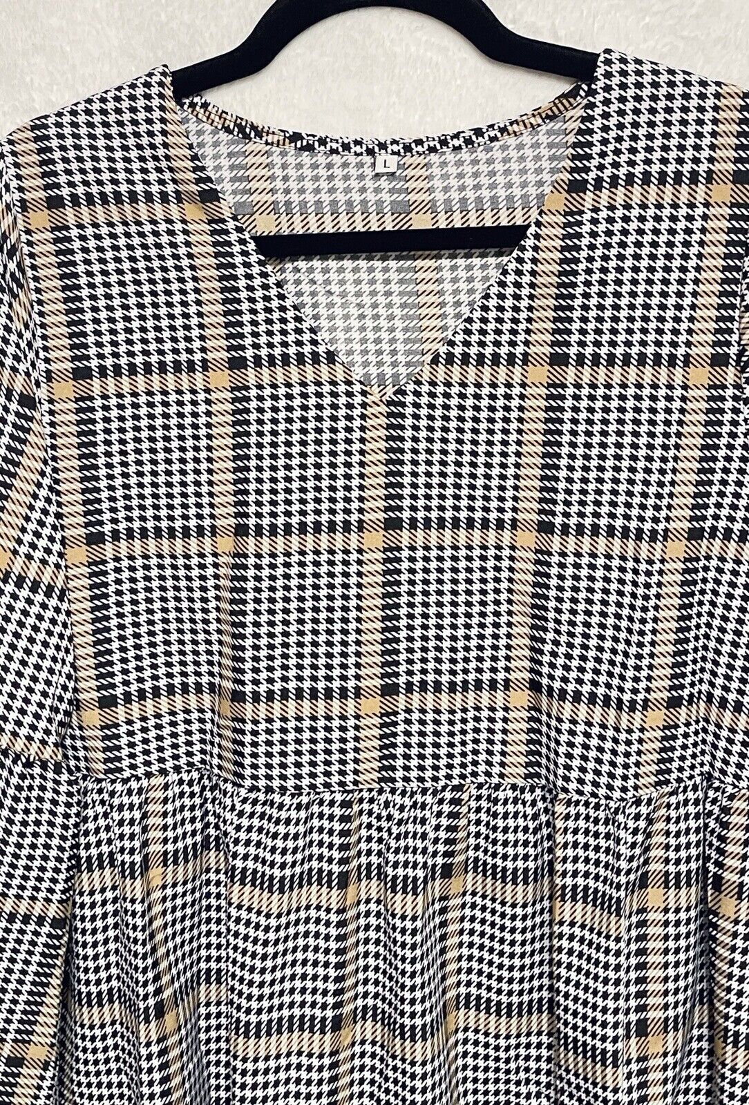 Houndstooth Plaid Size L Lightweight Swing Shift Dress Long Sleeve V Neck Tunic