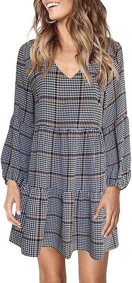 Houndstooth Plaid Size L Lightweight Swing Shift Dress Long Sleeve V Neck Tunic