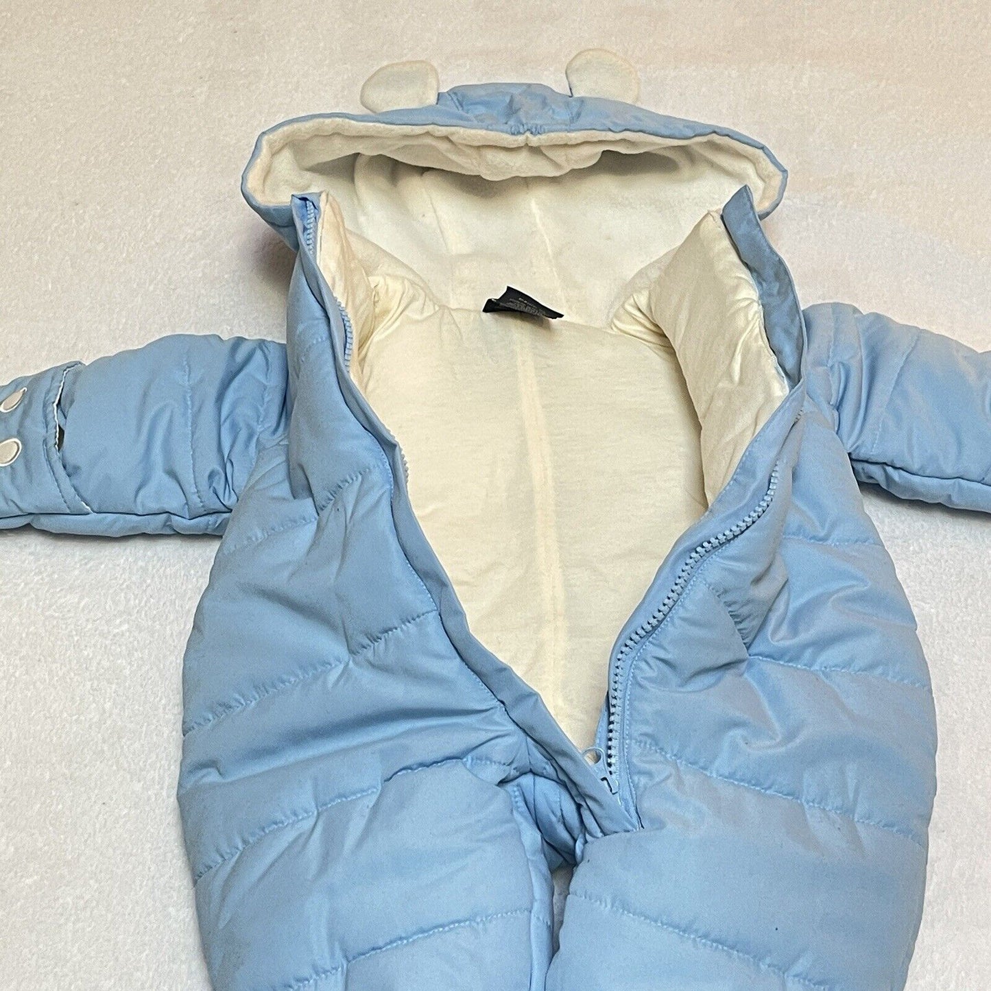 Boys 0-3 Mos Blue Puffer One Piece Snowsuit Coat Full Zip Hood Faded Glory