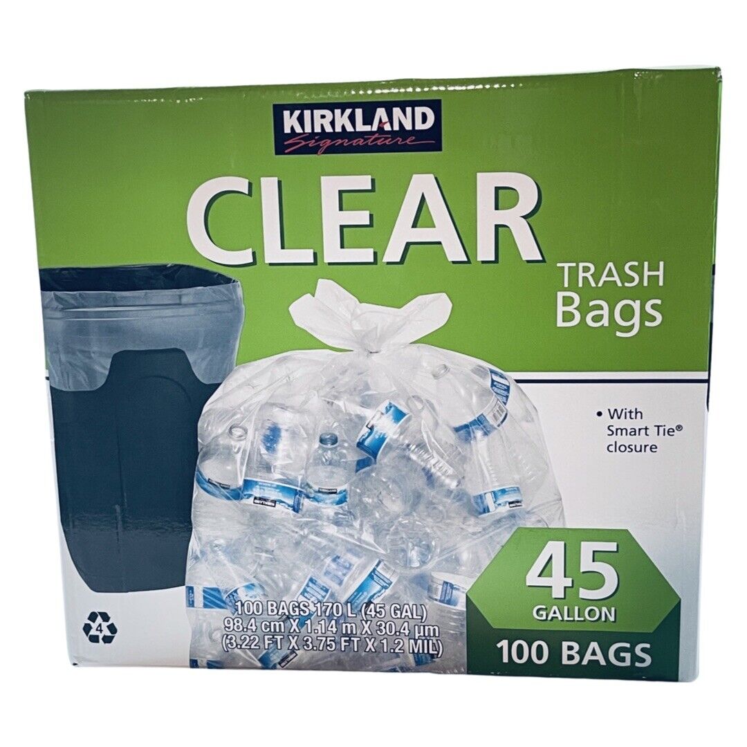 Kirkland Signature Trash Bags 100 Ct Clear 45 Gallon Smart Tie Closure 1.2 Mil