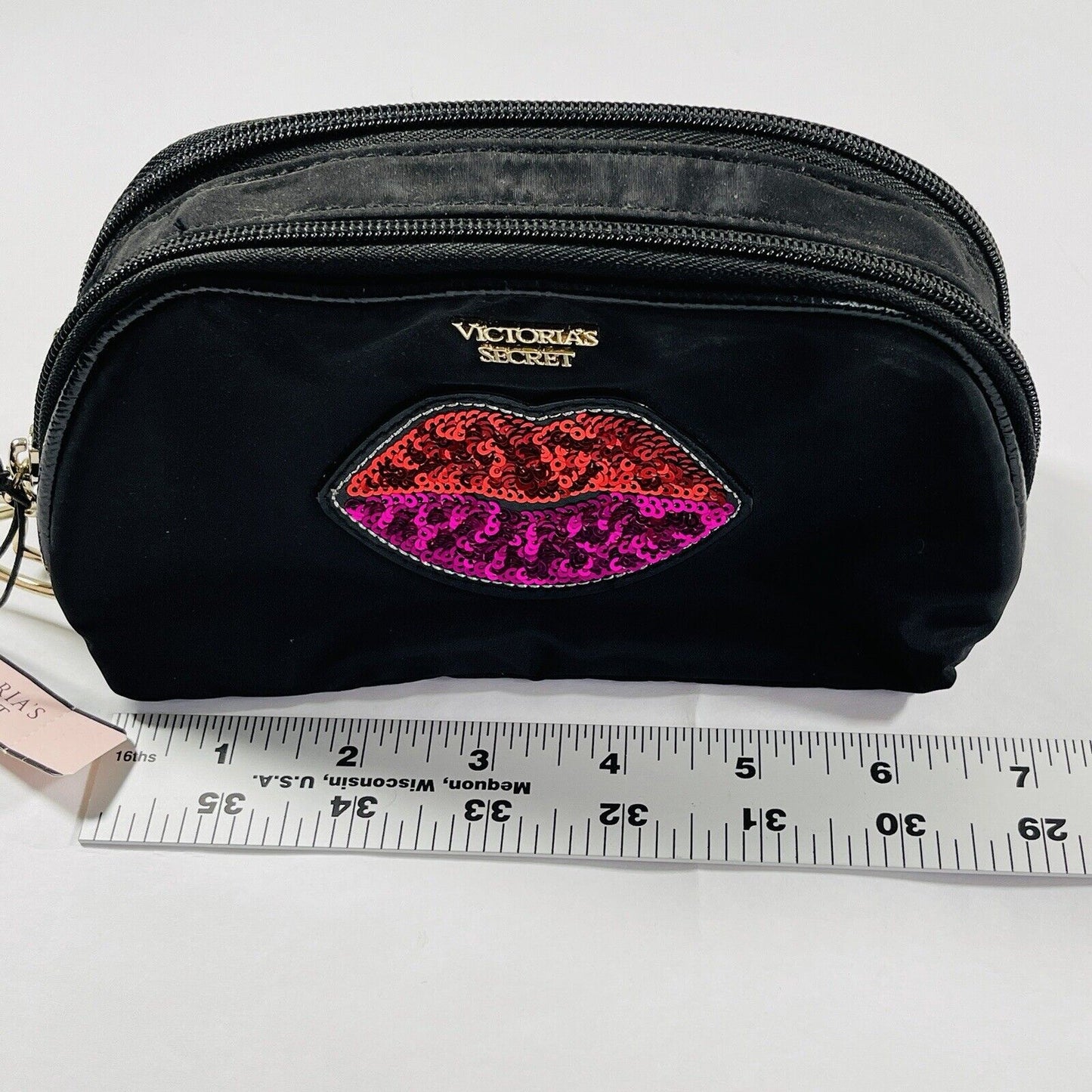 Victorias Secret NWT Black Sequin Lips Love Pouch Clutch Makeup Cosmetic Bag