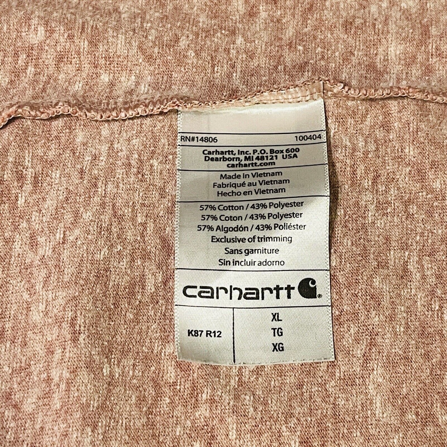 Carhartt Tshirt Mens XL Pink Heather Short Sleeve K87 Pocket