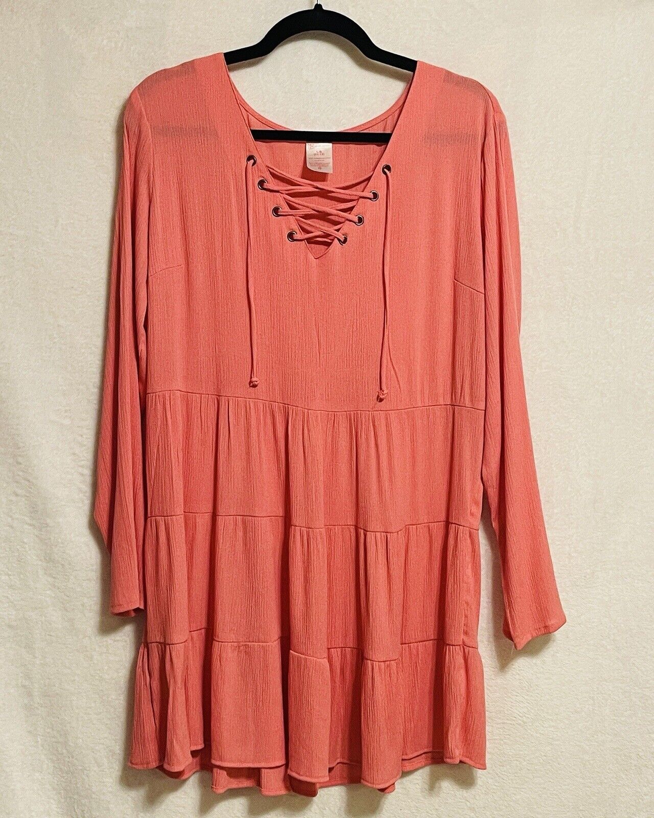 No Boundaries Pink Dress Juniors Large Lace Up V Neck Ruffle Tier Peasant Boho Dress