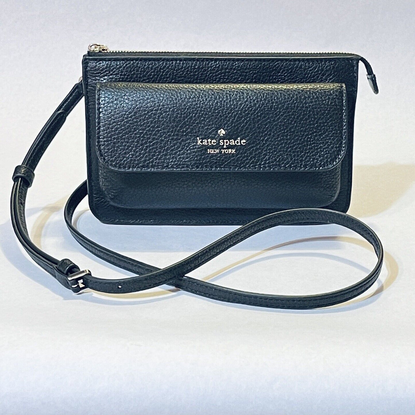 Kate Spade Leila Small Flap Crossbody Bag Pebbled Leather Pouch Purse Black Gold