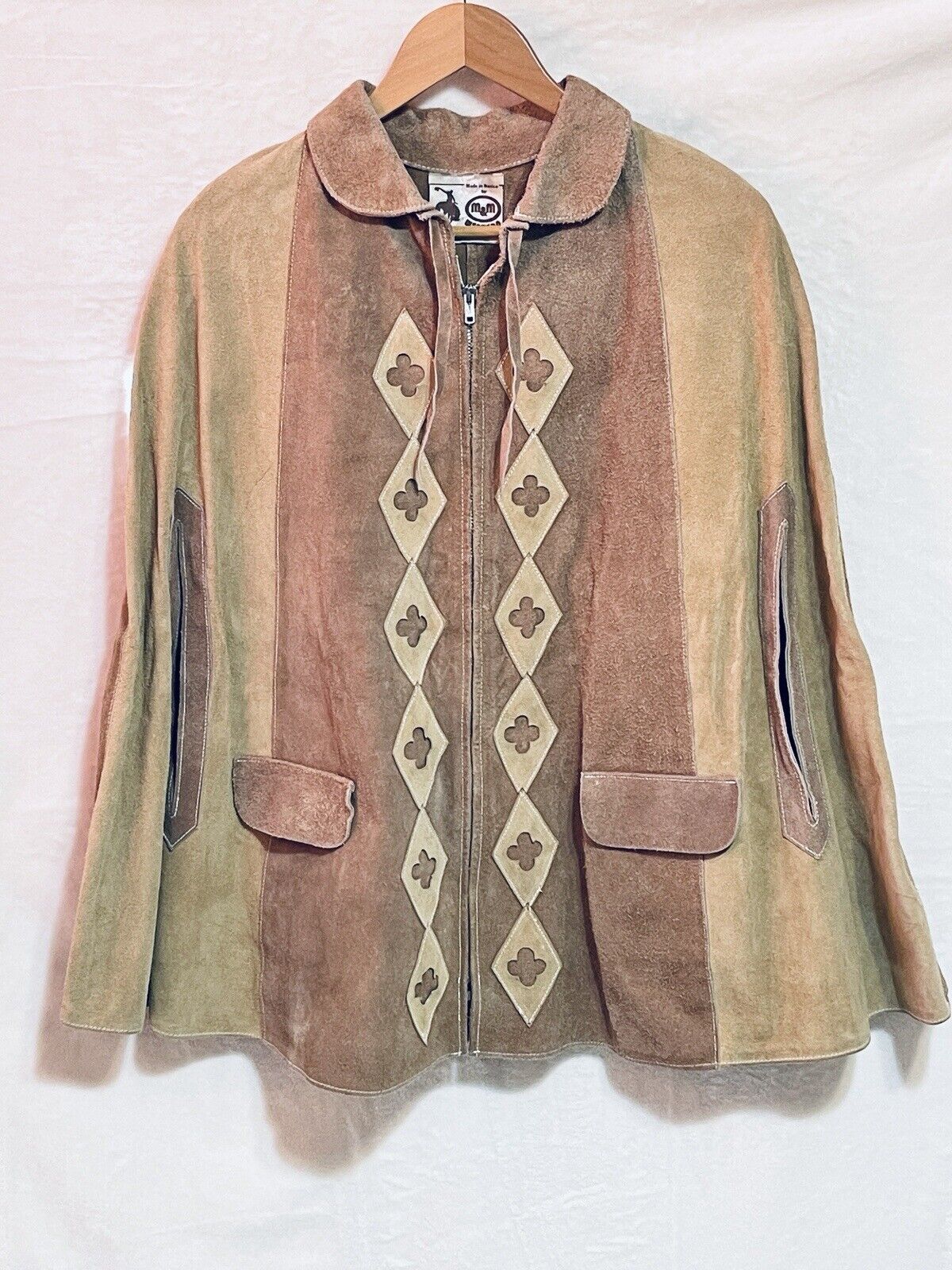Vintage 60s Mexican Suede Leather Poncho Sz L Cape Boho Western Hippie Jacket