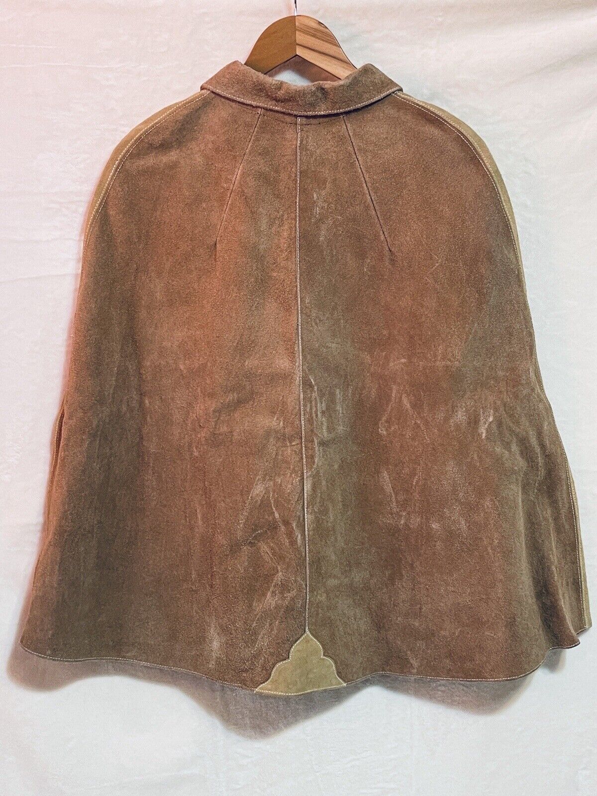 Vintage 60s Mexican Suede Leather Poncho Sz L Cape Boho Western Hippie Jacket
