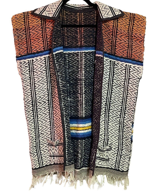Vintage 60s Mexican Blanket Vest XL Serape Ruana Retro Poncho Fringe Pockets