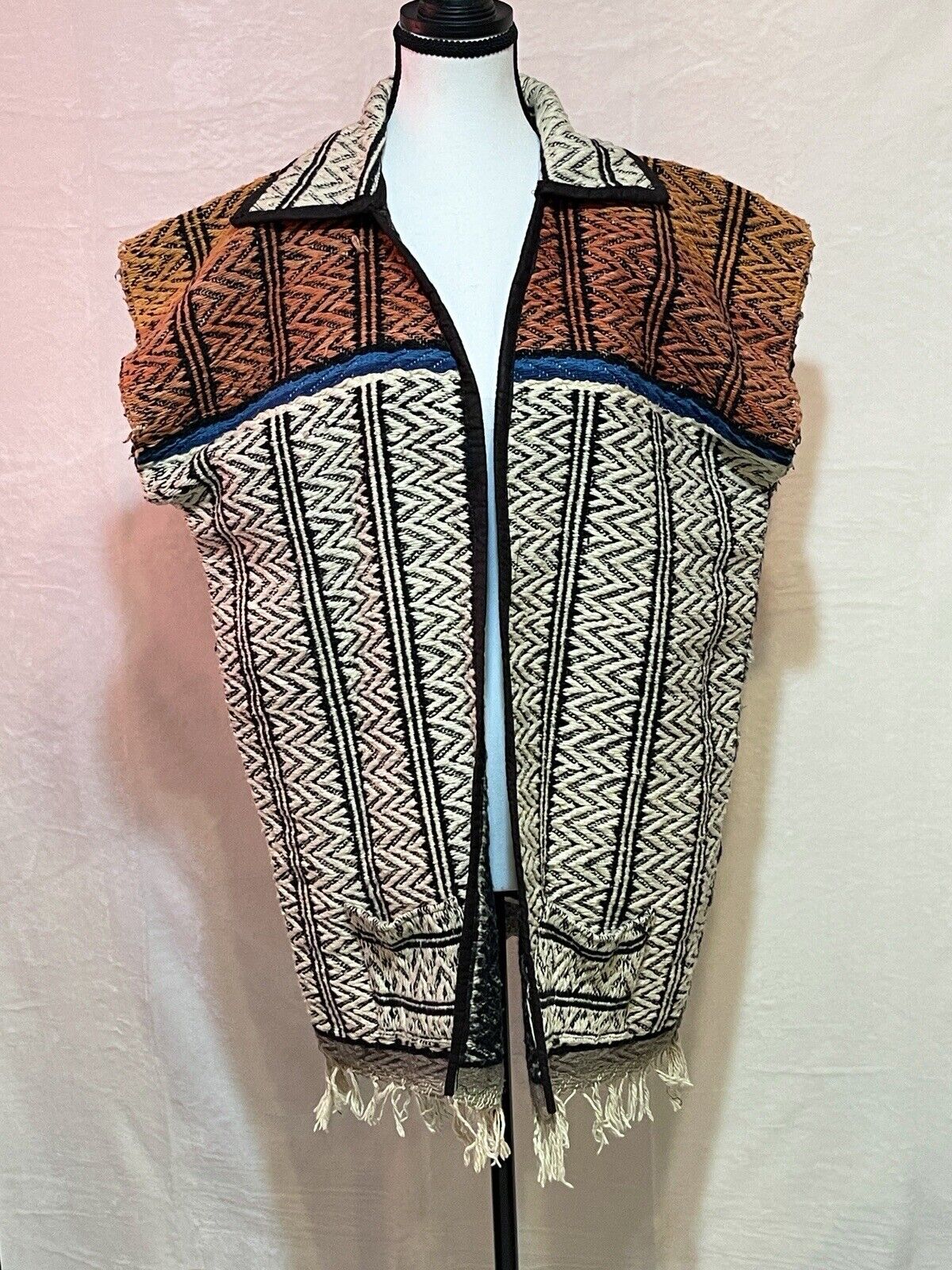 Vintage 60s Mexican Blanket Vest XL Serape Ruana Retro Poncho Fringe Pockets